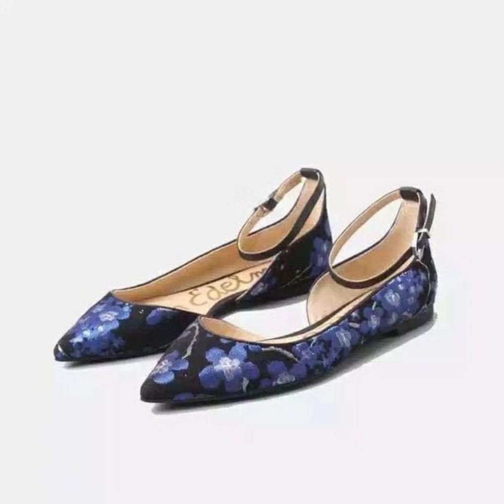 Sam Edelman Radley Blue‎ Floral Brocade Ankle Strap d'Orsay Pointed Toe Flats 8